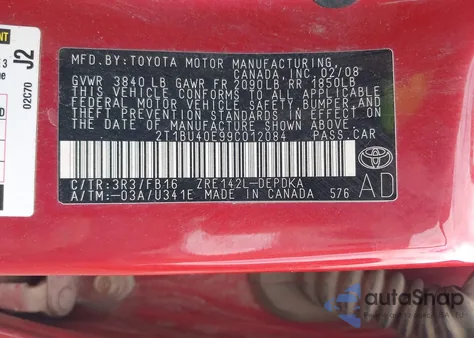 2009 Toyota Corolla Le z USA, uszkodzony, nr VIN 2T1BU40E99C012084